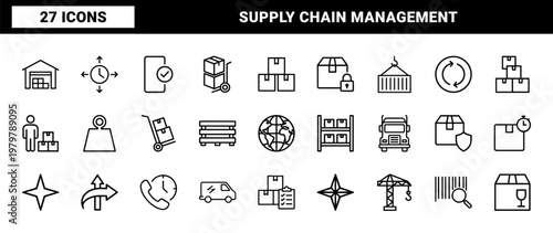Logistics and distribution line icon set with shipping and delivery symbols