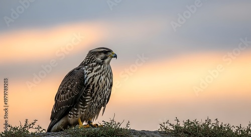 Majestic hawk perched, observing the serene sunset sky, natures beauty.