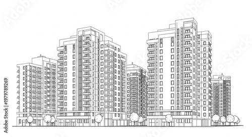 Modern Cityscape Apartment Buildings Sketch.