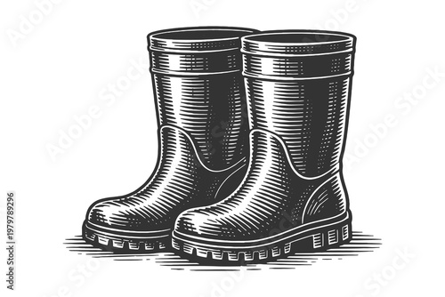 Classic Pair of Rubber Wellington Boots for Gardening and Farming Vector Illustration in Detailed Vintage Woodcut Engraving Design Style