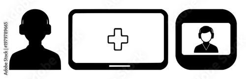 Telehealth video call set with solid black icon on white background featuring video call, telemedicine, health technology with black and white and medical