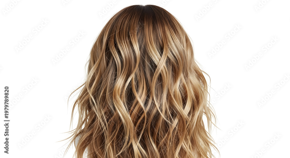 Naklejka premium A woman with long, wavy hair against a white background, highlighting her hairstyle and beauty.