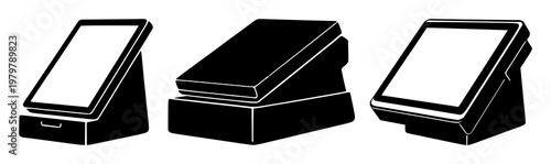 Point of sale terminal set with solid black icon on white background featuring icon, POS, terminal with black graphic and white background