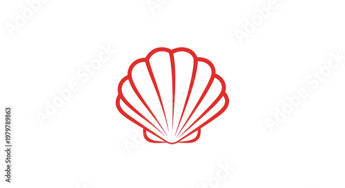 Red outline scallop seashell, minimalist graphic icon on white background