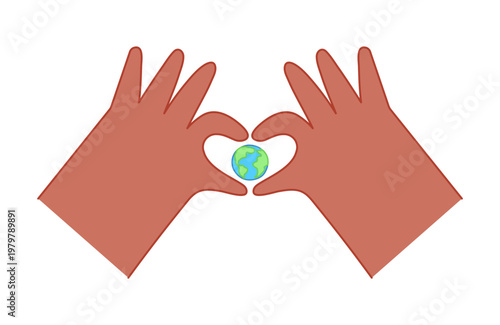 Hands making heart shape, holding planet Earth illustration isolated. Nature, environment protection, sustainability, ecology awareness, concept, symbol. Hand drawn line vector, clip art element