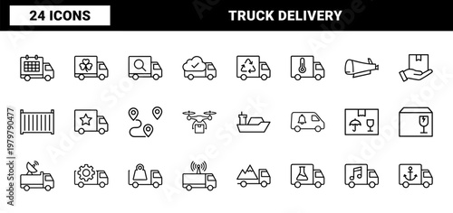 Logistics and truck delivery thin line icons for shipping and freight services