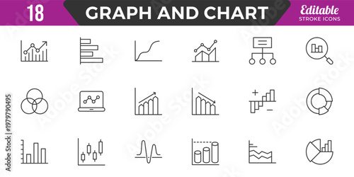 Growing bar graph icon set. Business graphs and charts icons. Contains such icons as finance report, Data, income growth, economy,
statistics, infographic, down or up arrow, and more. Editable Stroke.