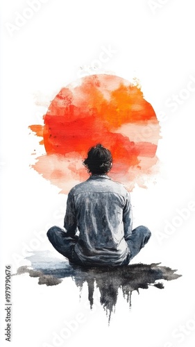 Man watches vibrant orange sunset from ground figure observes glowing sun setting casting warm hues on the landscape contemplative moment