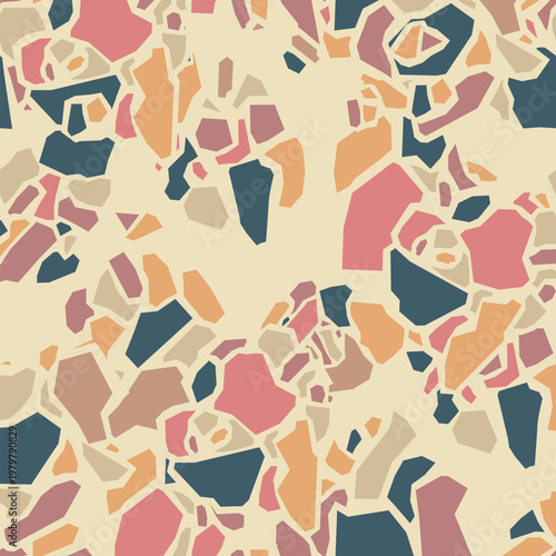 Terrazzo pattern creating a seamless background with colorful geometric pieces of aggregate stone, forming a modern and decorative mosaic surface texture perfect for various design applications
