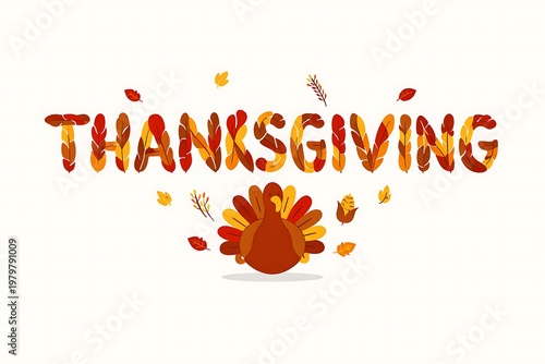 Flat 2D Thanksgiving Greeting Card with Turkey and Autumn Leaves