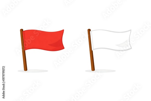 Vibrant Flat 2d Vector Illustration of Waving Red and White Blank Flags on Wooden Poles, Perfect for Graphic Design Elements and Communication Symbols
