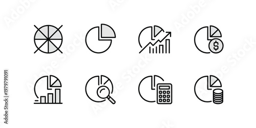 hand drawn pie chart icons representing data finance statistics segmentation reporting and business analytics in creative sketch style infographic design