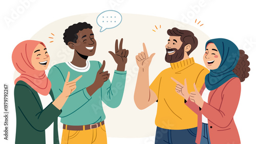 Multicultural group of people communicating using sign language together in a friendly and inclusive atmosphere with diverse individuals