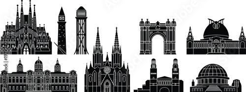 Barcelona landmarks silhouette collection, including Sagrada Familia and Arc de Triomf, detailed architectural vector set, iconic Spain monuments isolated on white background design