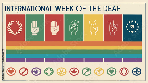 International week of the deaf poster design with colorful hand signs and awareness symbols on beige background