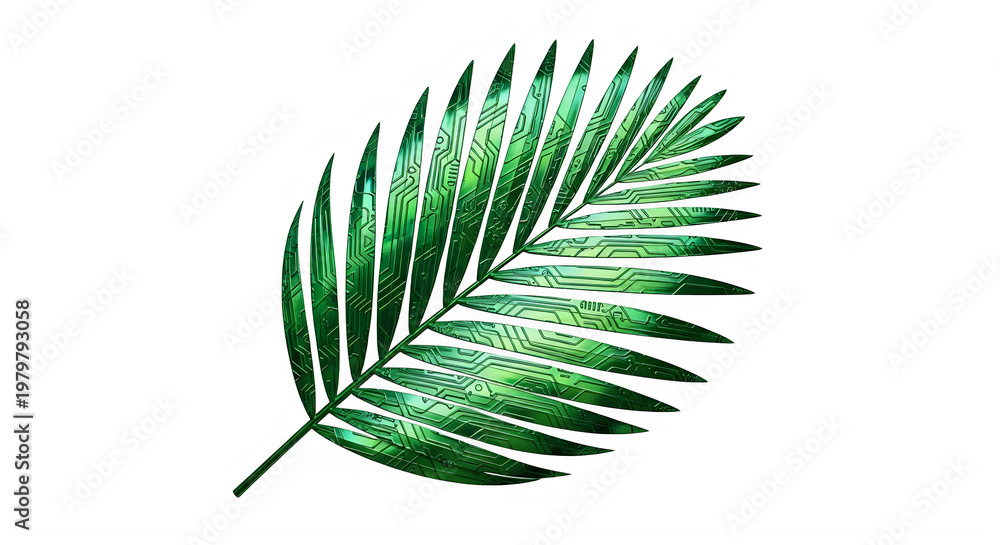 Fototapeta premium Green palm leaf with circuit board pattern isolated on transparent background transparent background