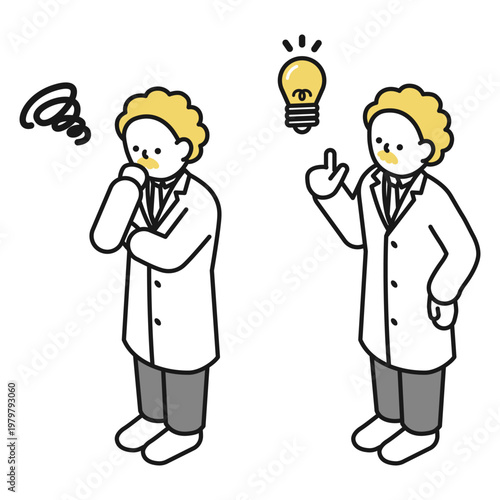 アイソメトリックイラスト:アイデアを思いつく博士 考える博士2