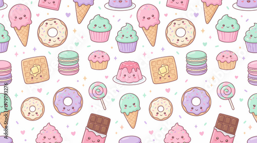 A delightful pattern of various sweet treats including ice cream cones, donuts, cupcakes, and candies, perfect for confectionery and dessert-themed designs