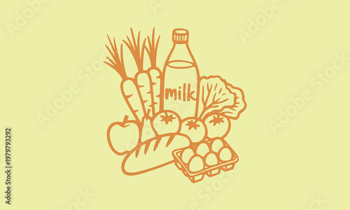 Grocery still life drawing with milk eggs fruits vegetables and bread, vegetable