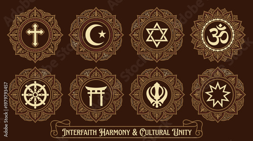 A collection of diverse religious and cultural symbols representing interfaith harmony and unity, presented in a decorative mandala style on a brown background