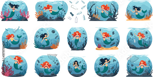 Vector collection of mermaid illustrations for ocean conservation awareness featuring characters dealing with plastic pollution and marine debrisVector collection of mermaid illustrations for ocean 