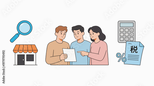 Three people discussing document with icons