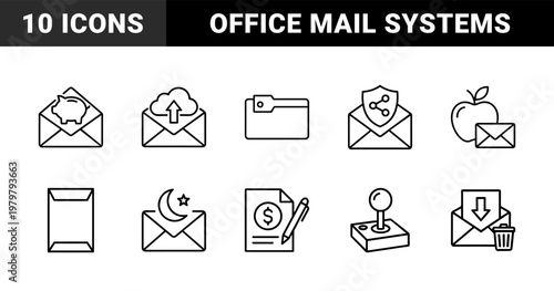 Business mail and office document line icons for financial reporting and communication.