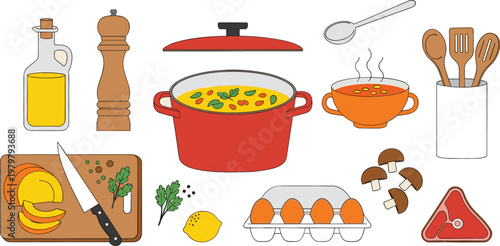 Cooking ingredients and kitchen utensils set including pot, soup bowl, eggs, mushrooms, olive oil, cutting board, knife, and spices for home cooking concept