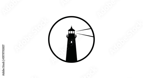 Minimalist Lighthouse Silhouette in Circle, Beacon Light Rays, Navigation Symbol
