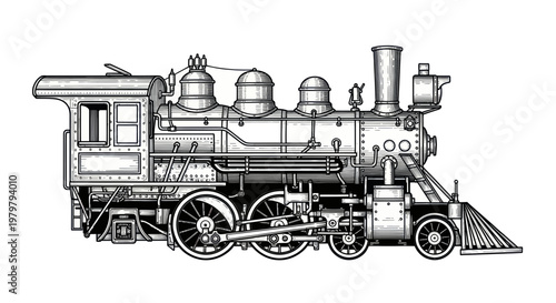 Vintage Steam Locomotive Illustration - Black and White Retro Train Drawing