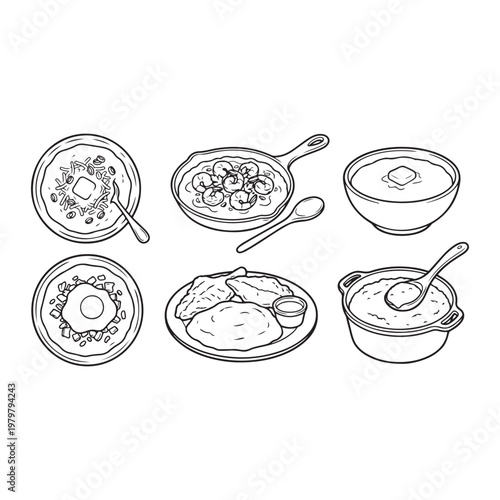 Food grits lineart Vector Illustration Creamy Grits Dishes Illustration Set with Eggs, Butter andToppings Southern Grits Food Illustration Traditional Grits Dishes Classic Grits Breakfast Illustration