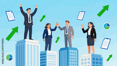 Business team on skyscrapers with icons