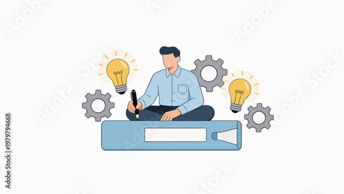 Person sitting with light bulbs and gears