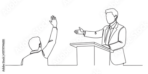 Businessman giving a speech at podium with audience asking questions line art.