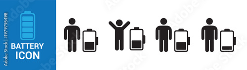 Battery charging station icon set with human activity symbols