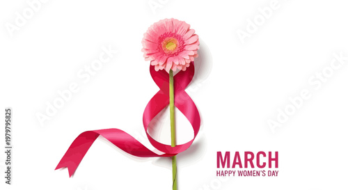 Pink Gerbera Flower and Ribbon Forming Number 8 for International Women's Day