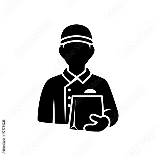 Food delivery courier holding takeout bag in service uniform icon black and white