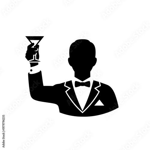 Bartender holding cocktail glass in bar service icon black and white