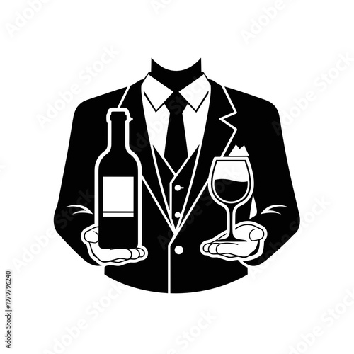 Sommelier holding wine bottle and glass icon black and white