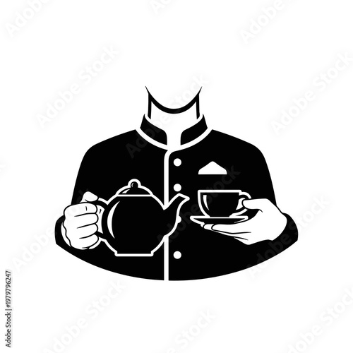 Waiter serving tea with teapot and cup icon black and white