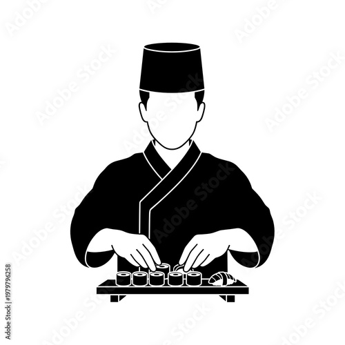 Sushi chef preparing rolls on board in kitchen icon black and white