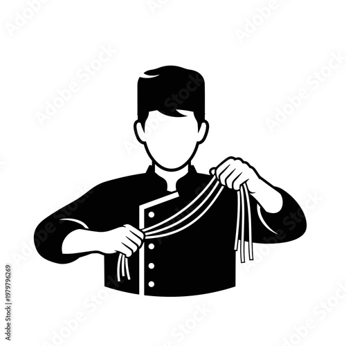 Chef cooking noodles holding pasta strands icon black and white