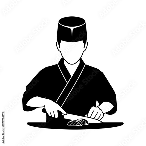 Sushi chef slicing fish on board in restaurant kitchen icon black and white