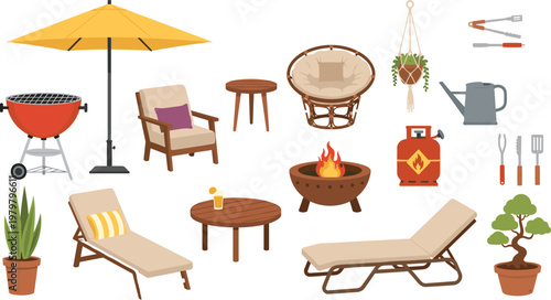 Outdoor Patio Furniture, BBQ, and Garden Accessories Icon Set with Umbrella, Grill, Lounge Chairs, Planters, and Fire Pits for Backyard and Garden Designs