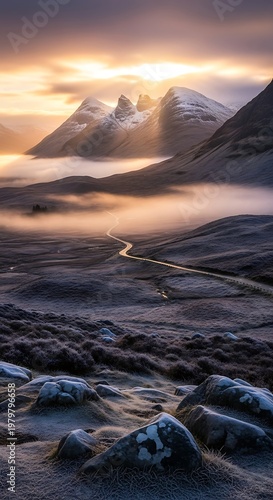Majestic Mountain Vista - Dawns Golden Embrace Over Rugged Terrain.
