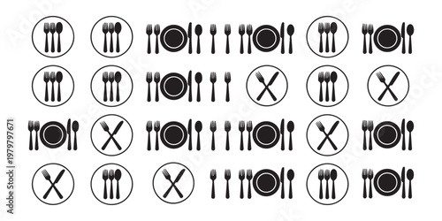 Comprehensive collection of dining icons with cutlery sets and plates for professional restaurant menu layout.
