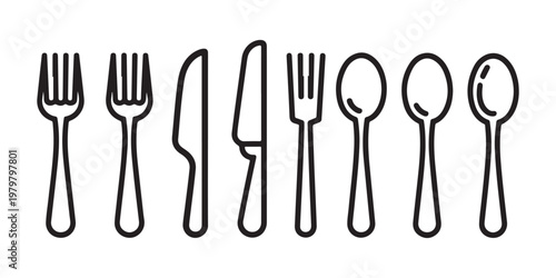 Outline icons of dining utensils including forks knives and spoons in a row.