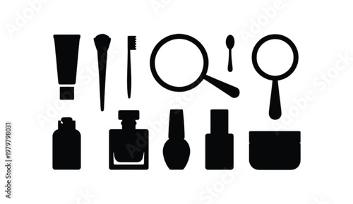Beauty and Cosmetics Silhouette Collection with lipstick, makeup brush, mirror, perfume bottle, nail polish, skincare jar