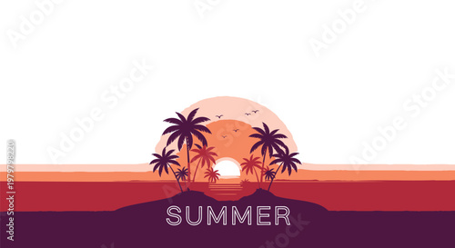Summer, tropical sunset, palm trees, vector illustration, orange, red