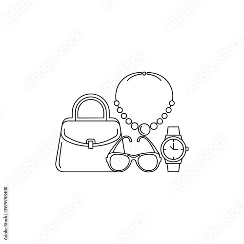 Minimalist jewelry design technical drawing, necklace with magnetic pendant and ring interaction, line art vector illustration for product manual